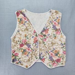 Floral Knit Vest Embroidered Hem Button Cottage Granny Core